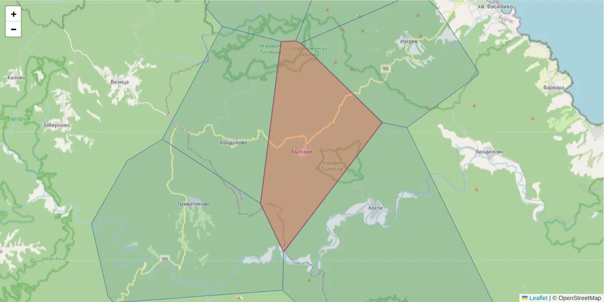 Карта на пощенски код  и съседните пощенски кодове в България