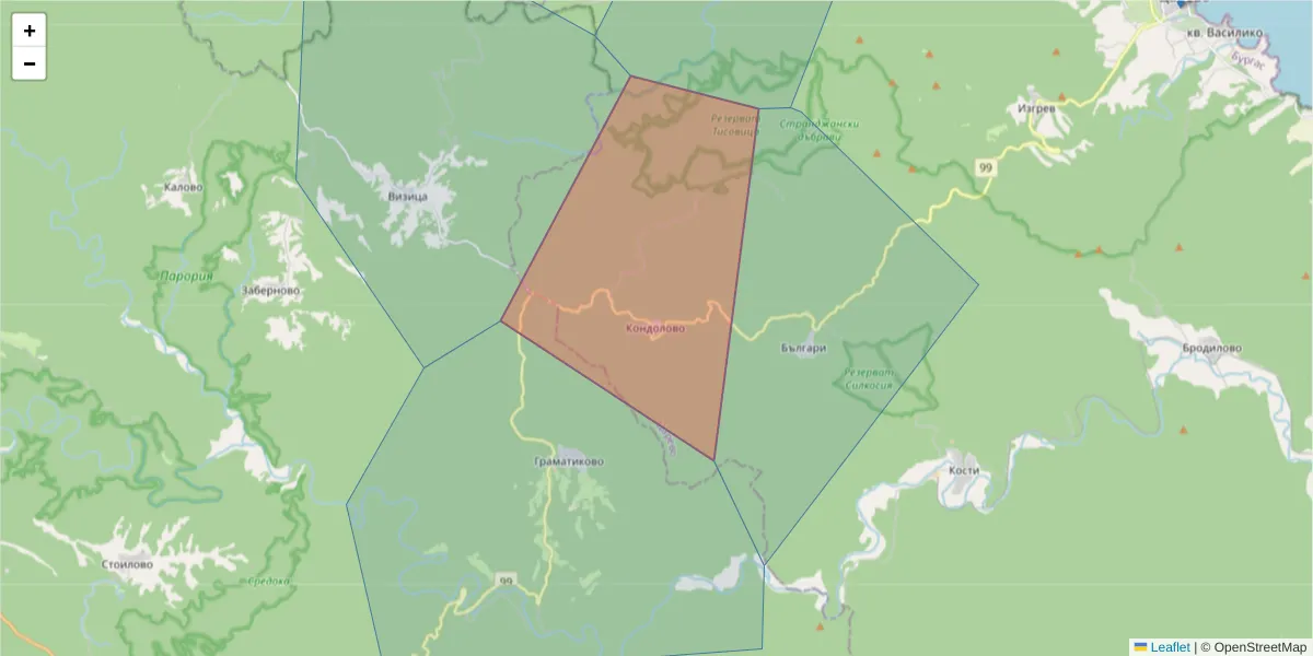 Карта на пощенски код  и съседните пощенски кодове в България