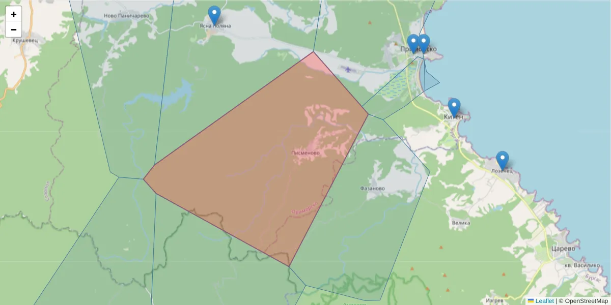 Карта на пощенски код  и съседните пощенски кодове в България