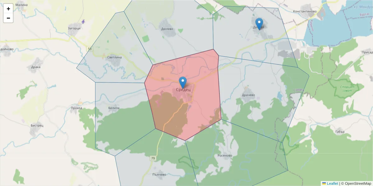 Карта на пощенски код  и съседните пощенски кодове в България