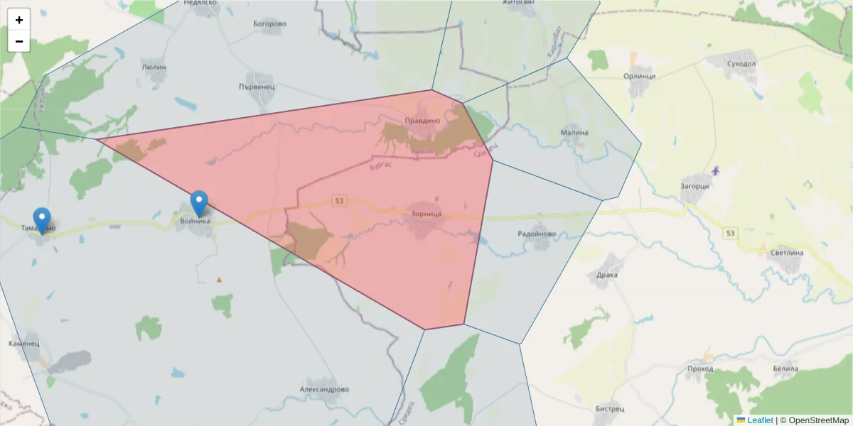 Карта на пощенски код  и съседните пощенски кодове в България