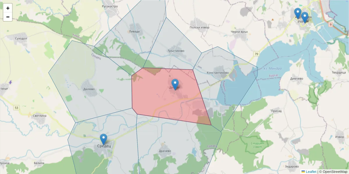 Карта на пощенски код  и съседните пощенски кодове в България