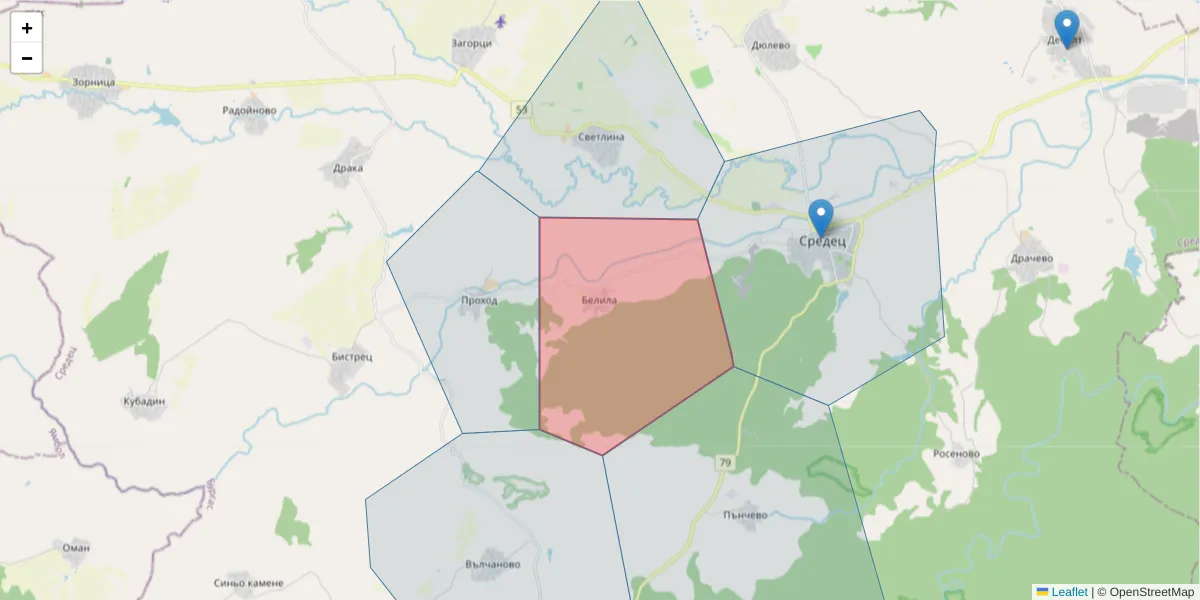 Карта на пощенски код  и съседните пощенски кодове в България