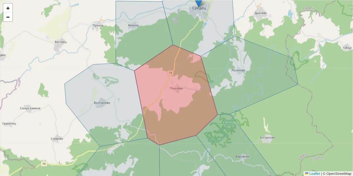 Карта на пощенски код  и съседните пощенски кодове в България