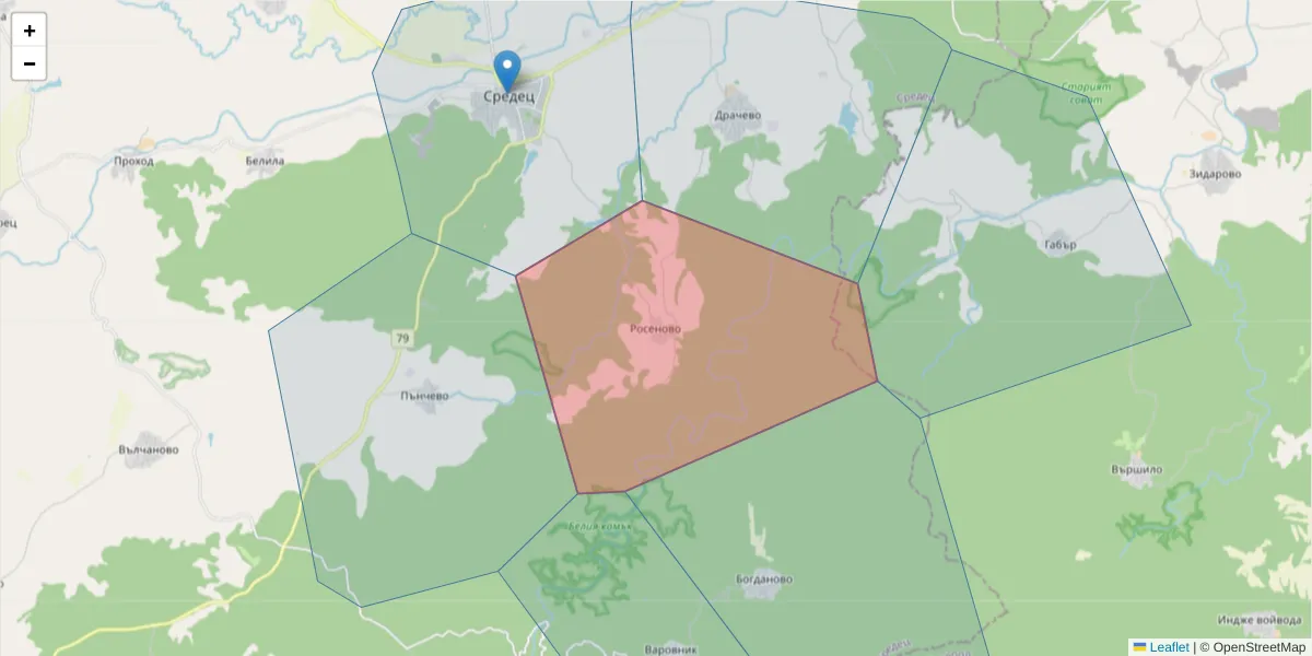 Карта на пощенски код  и съседните пощенски кодове в България