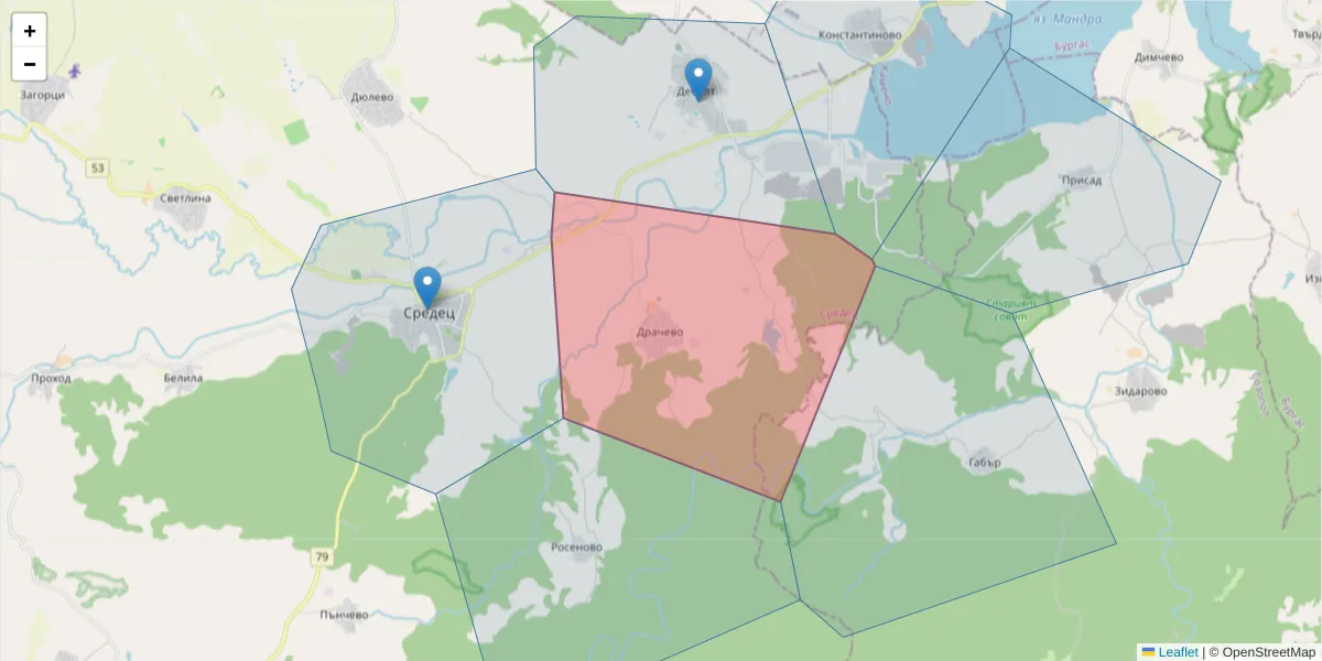 Карта на пощенски код  и съседните пощенски кодове в България