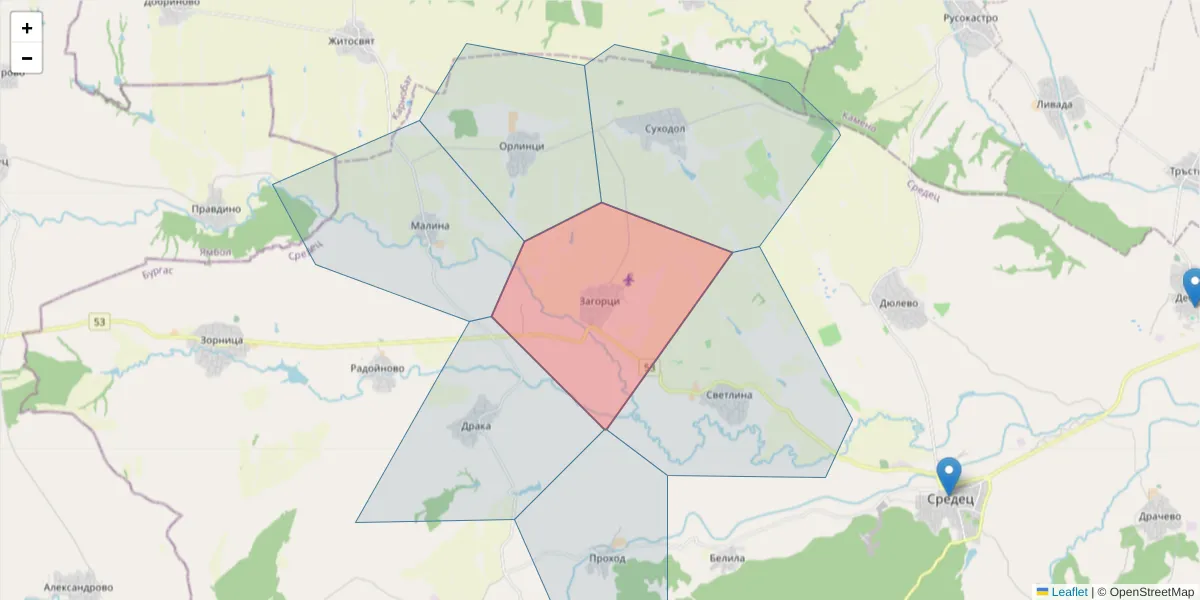 Карта на пощенски код  и съседните пощенски кодове в България