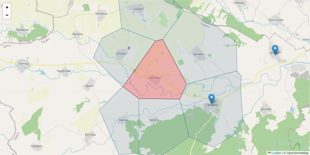 Карта на пощенски код  и съседните пощенски кодове в България