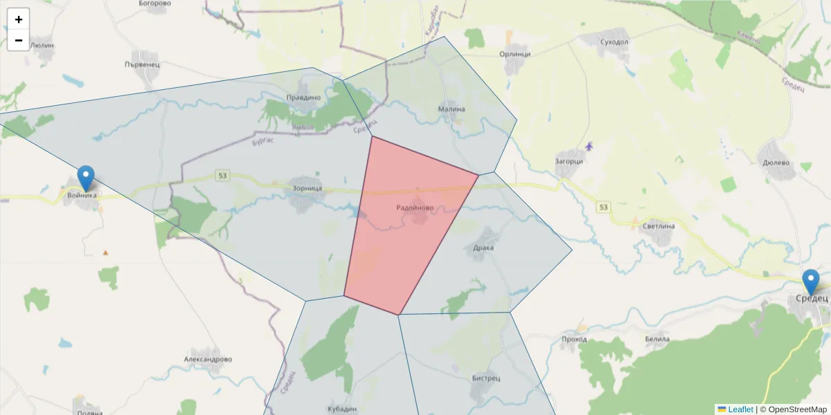 Карта на пощенски код  и съседните пощенски кодове в България