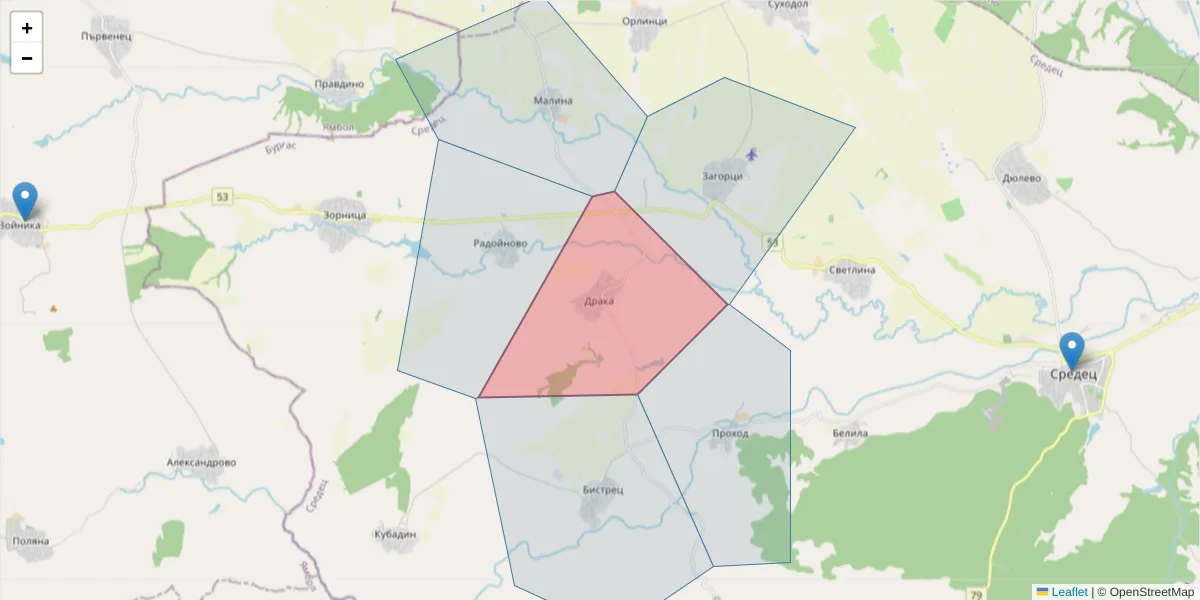 Карта на пощенски код  и съседните пощенски кодове в България