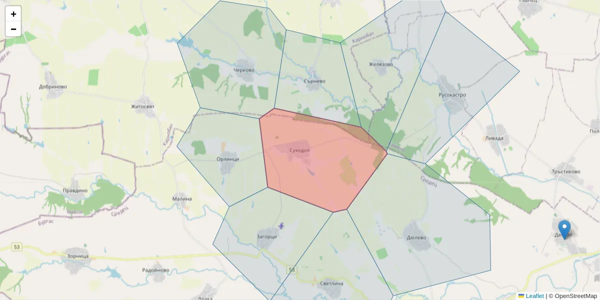 Карта на пощенски код  и съседните пощенски кодове в България