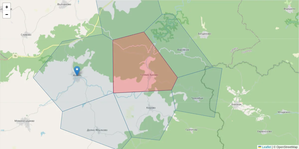 Карта на пощенски код  и съседните пощенски кодове в България