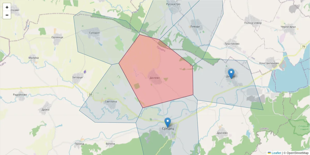 Карта на пощенски код  и съседните пощенски кодове в България