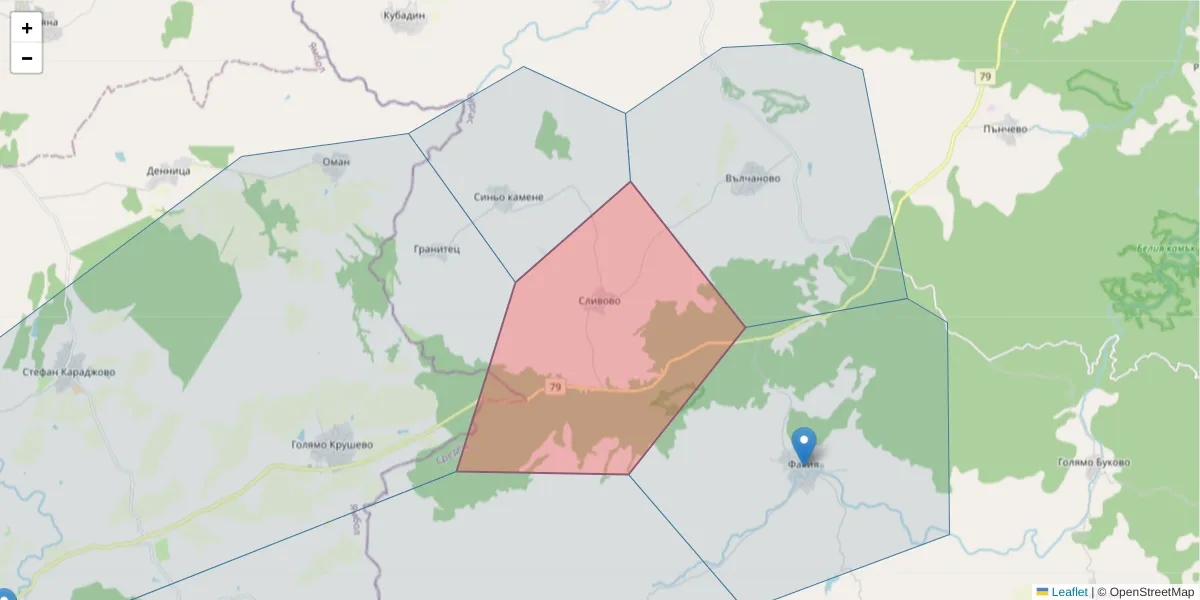 Карта на пощенски код  и съседните пощенски кодове в България
