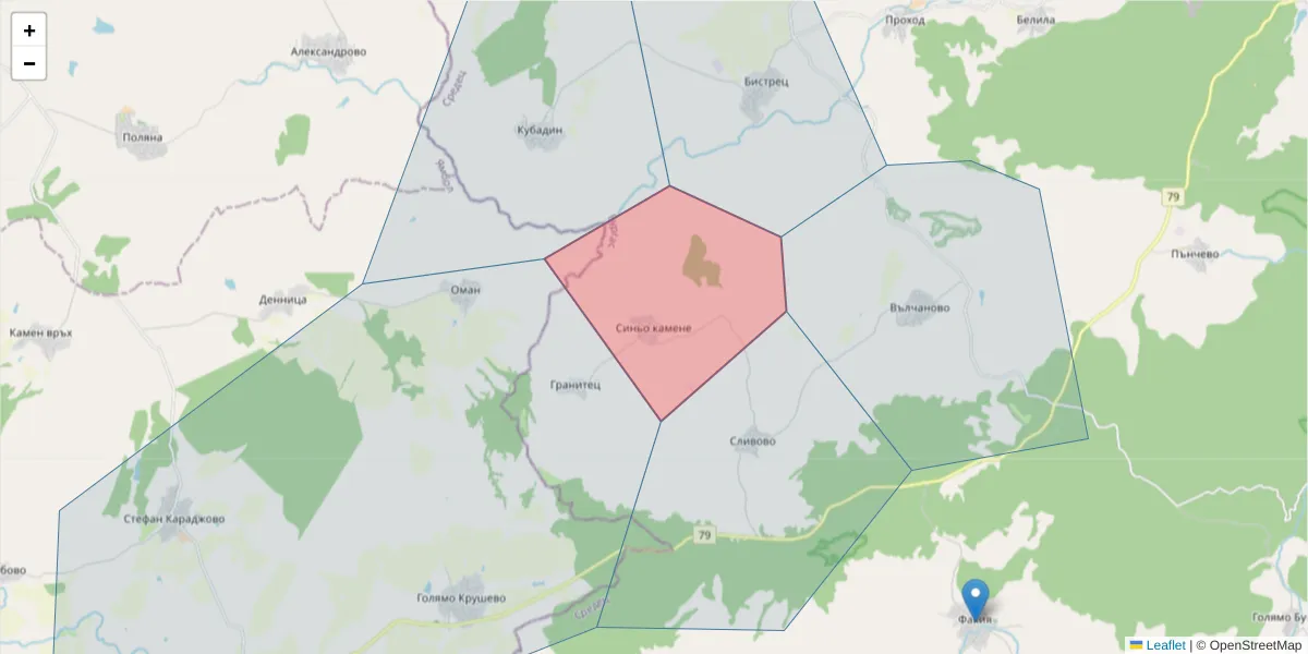 Карта на пощенски код  и съседните пощенски кодове в България