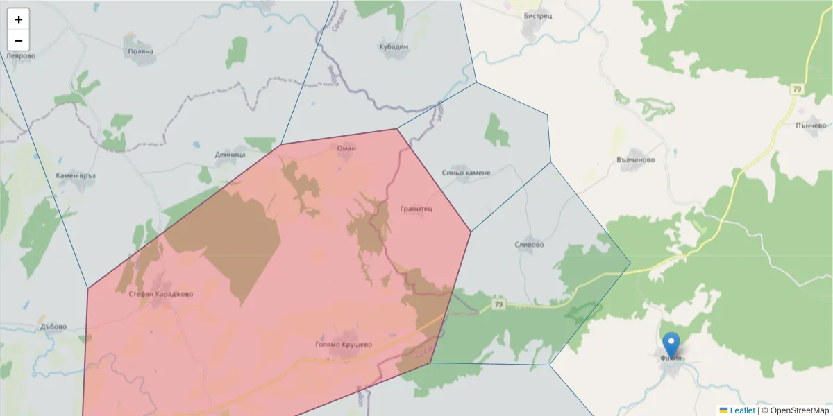 Карта на пощенски код  и съседните пощенски кодове в България