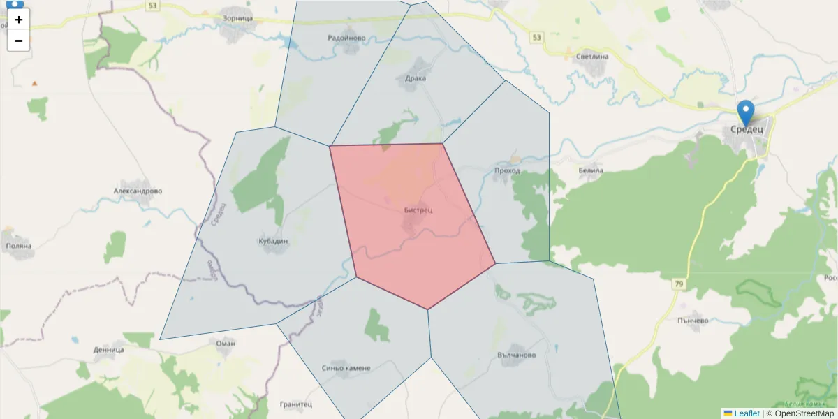 Карта на пощенски код  и съседните пощенски кодове в България