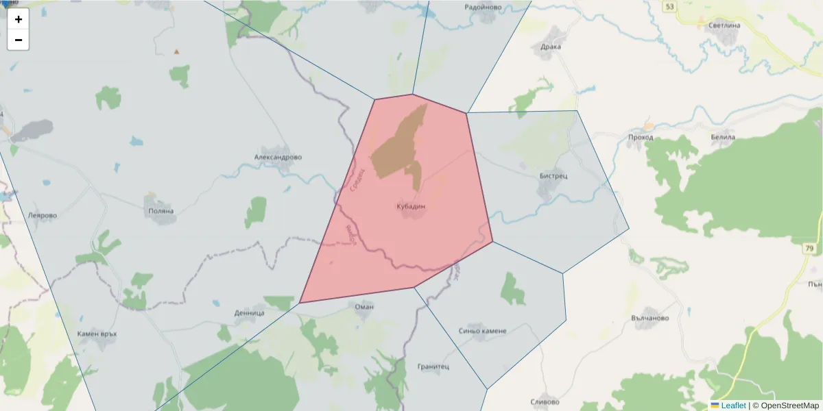 Карта на пощенски код  и съседните пощенски кодове в България
