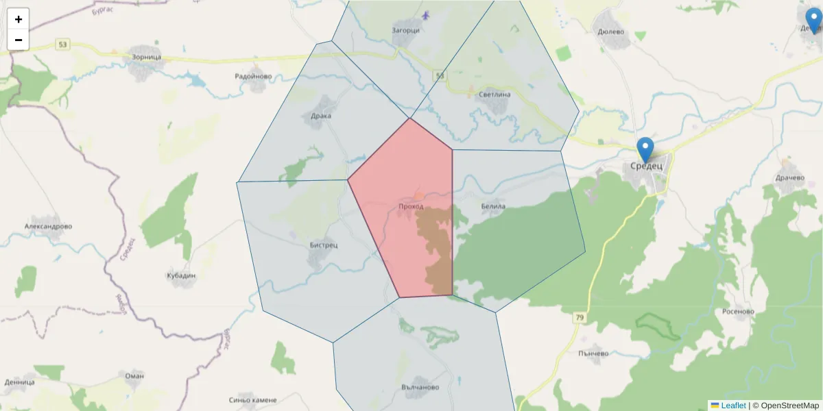 Карта на пощенски код  и съседните пощенски кодове в България