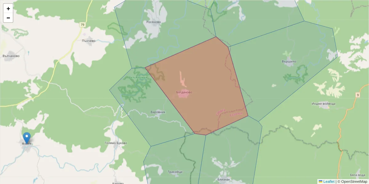 Карта на пощенски код  и съседните пощенски кодове в България