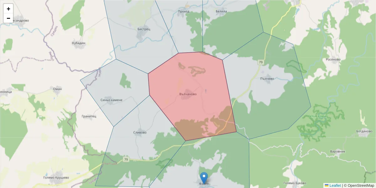 Карта на пощенски код  и съседните пощенски кодове в България