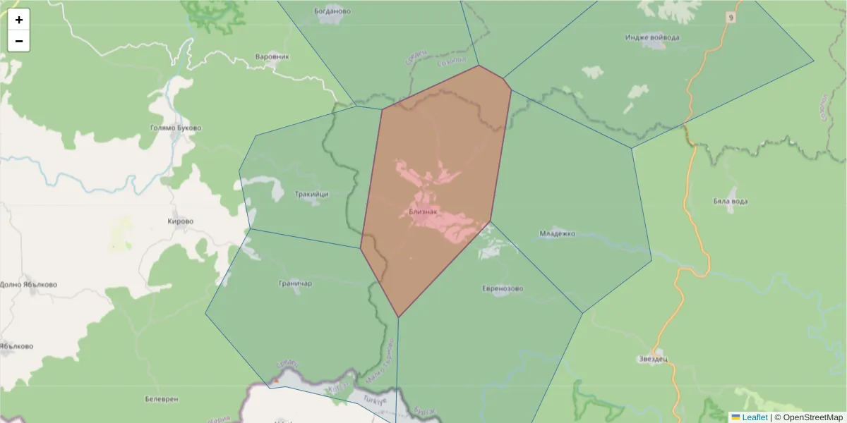 Карта на пощенски код  и съседните пощенски кодове в България