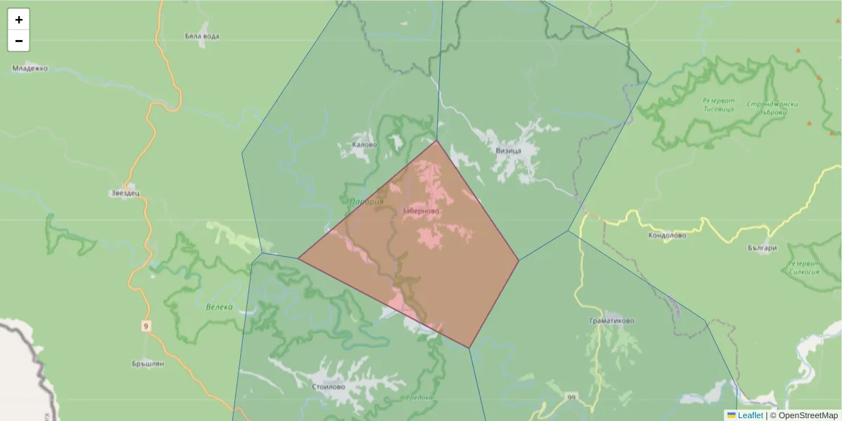 Карта на пощенски код  и съседните пощенски кодове в България