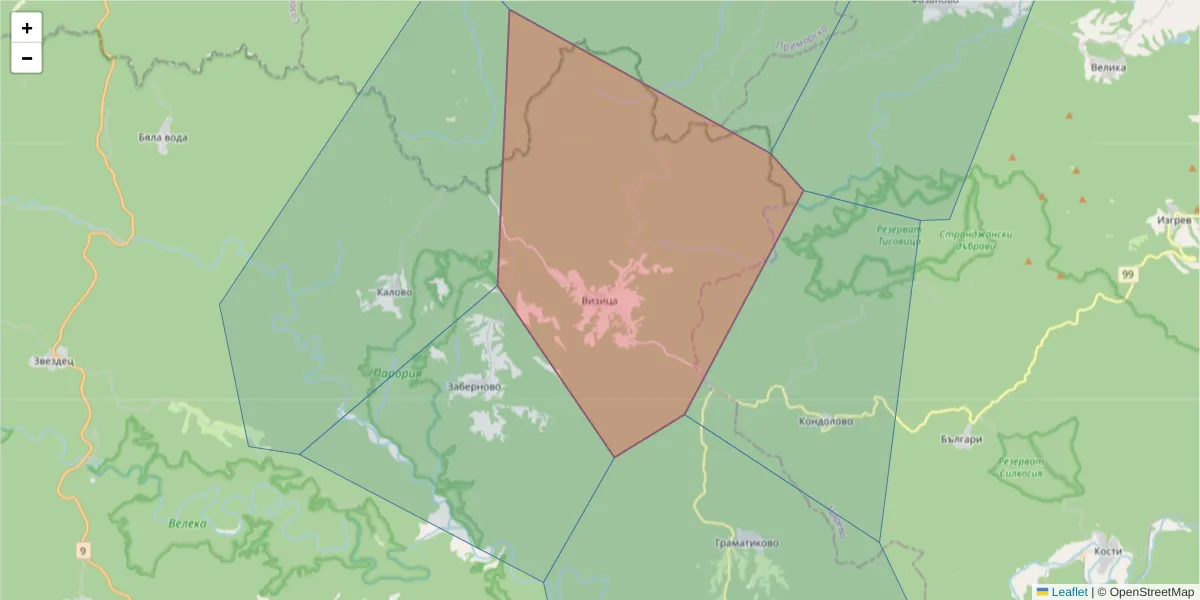 Карта на пощенски код  и съседните пощенски кодове в България