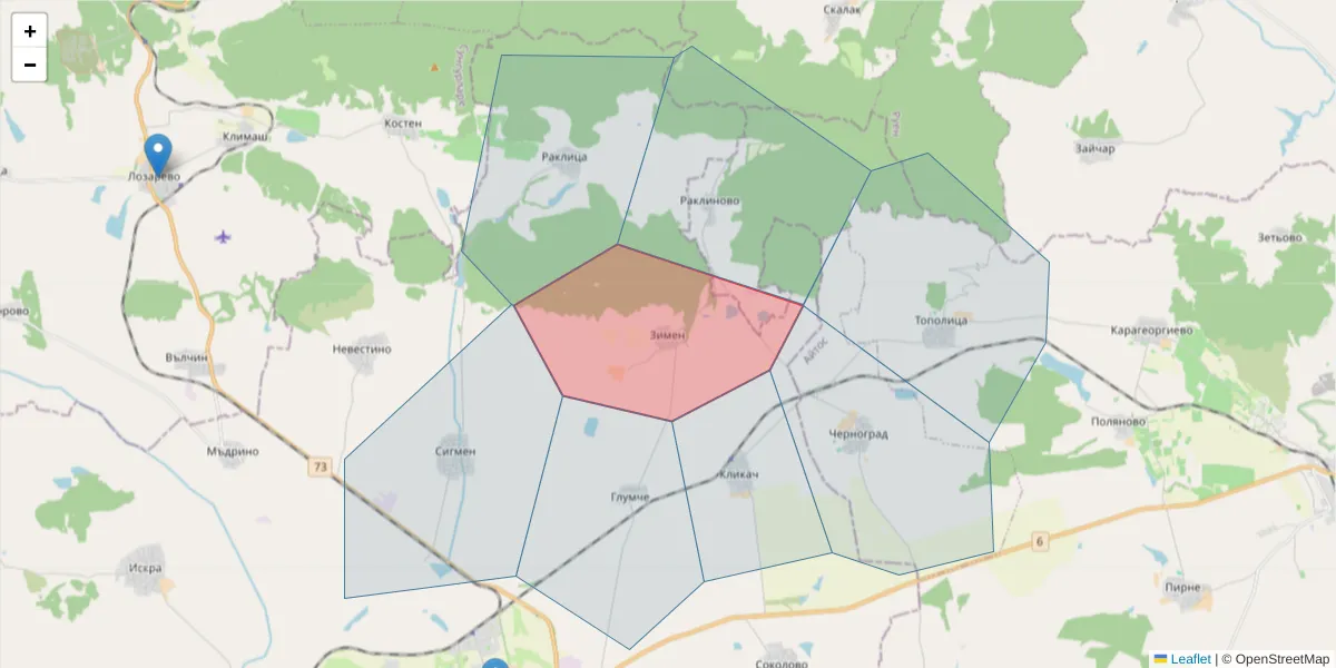 Карта на пощенски код  и съседните пощенски кодове в България