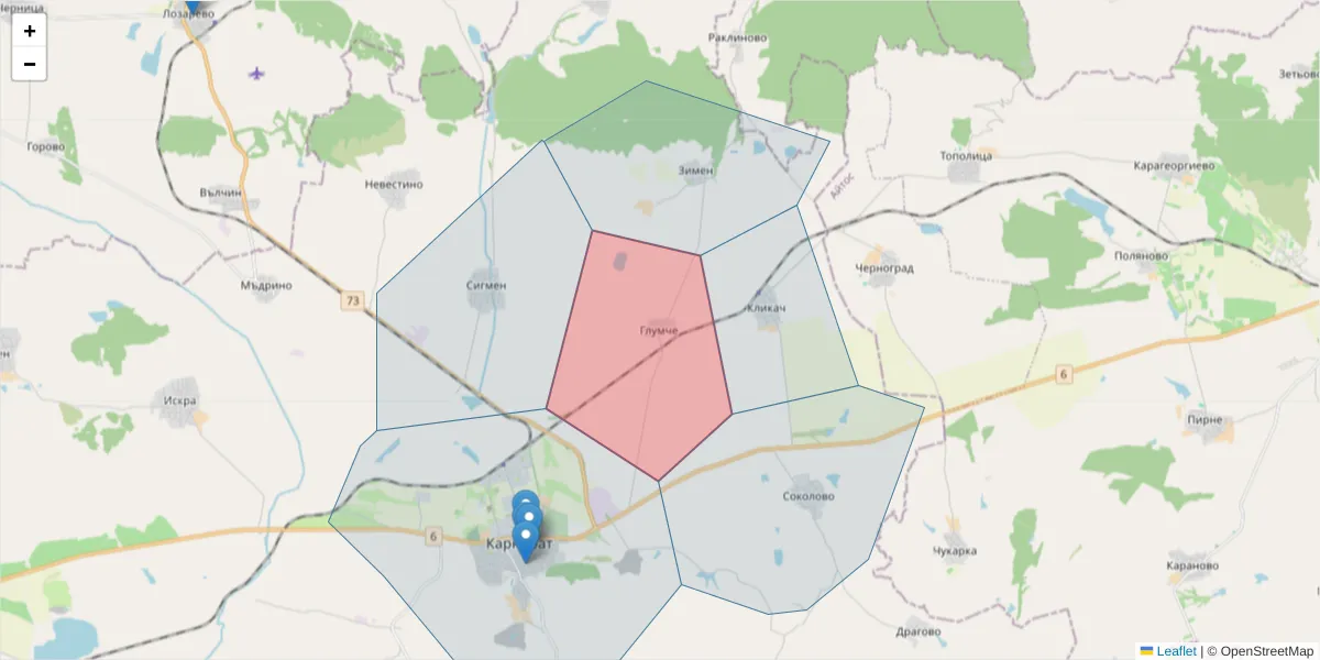 Карта на пощенски код  и съседните пощенски кодове в България