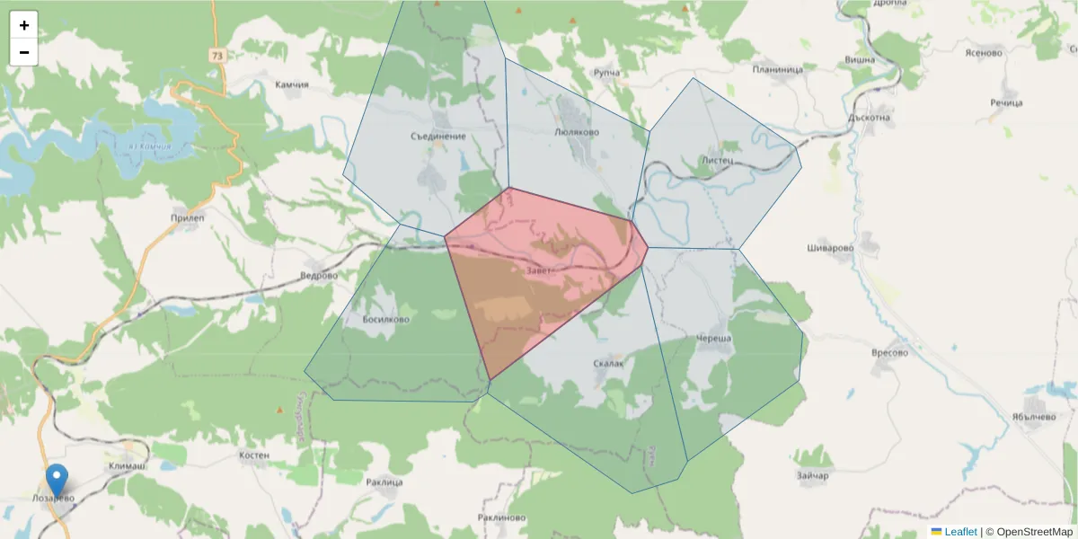 Карта на пощенски код  и съседните пощенски кодове в България