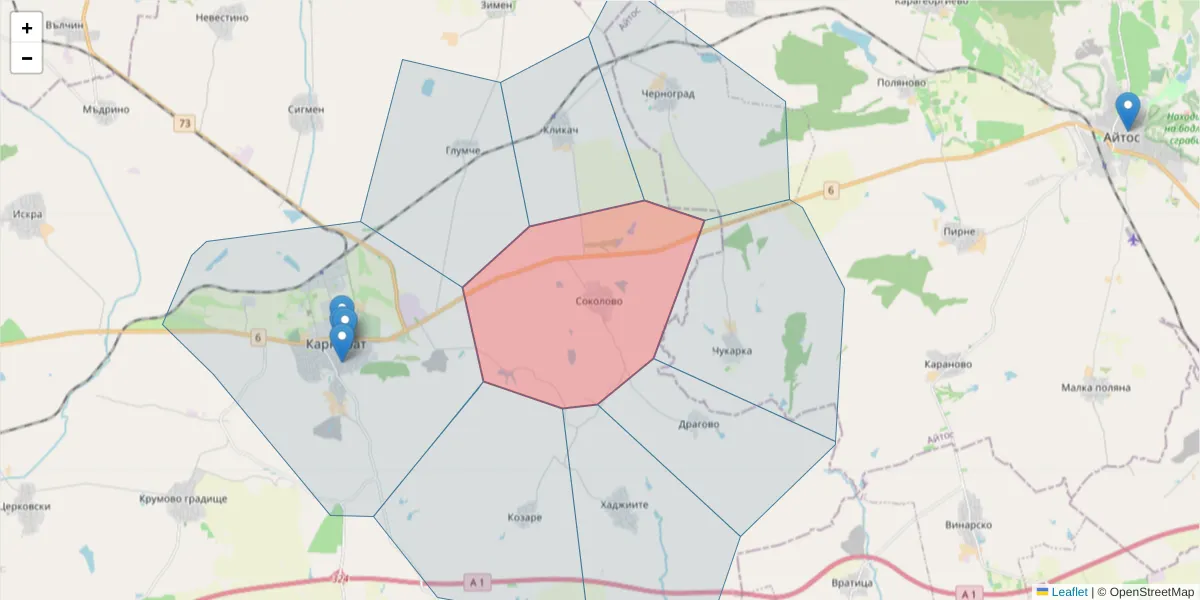 Карта на пощенски код  и съседните пощенски кодове в България