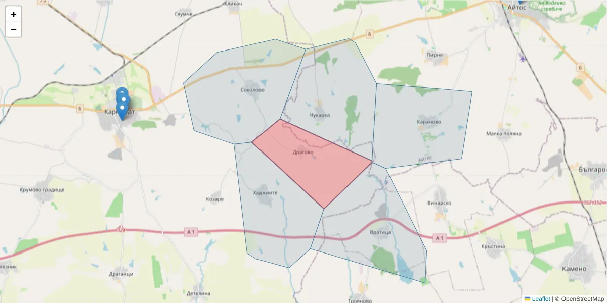 Карта на пощенски код  и съседните пощенски кодове в България