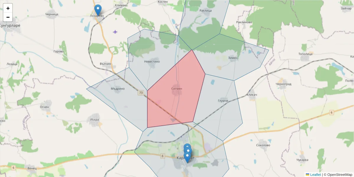 Карта на пощенски код  и съседните пощенски кодове в България