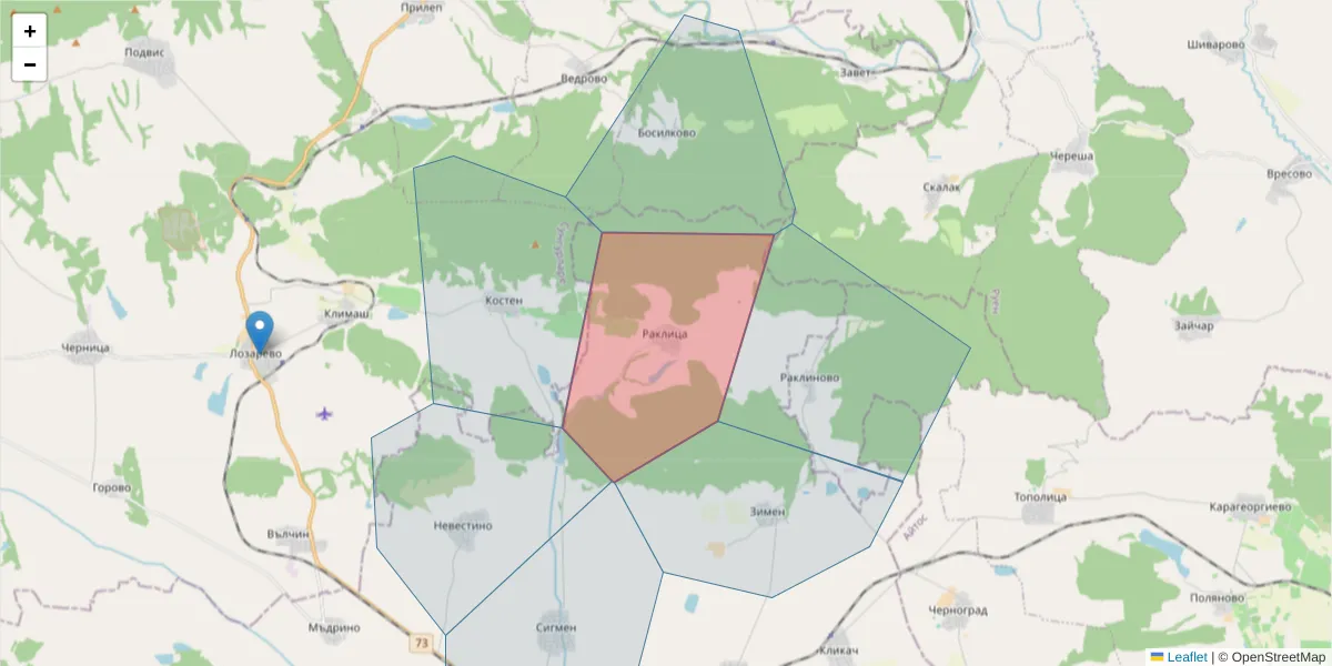 Карта на пощенски код  и съседните пощенски кодове в България