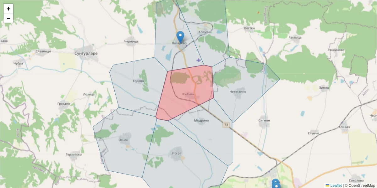 Карта на пощенски код  и съседните пощенски кодове в България