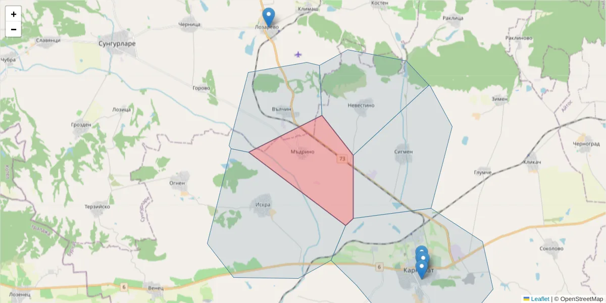 Карта на пощенски код  и съседните пощенски кодове в България