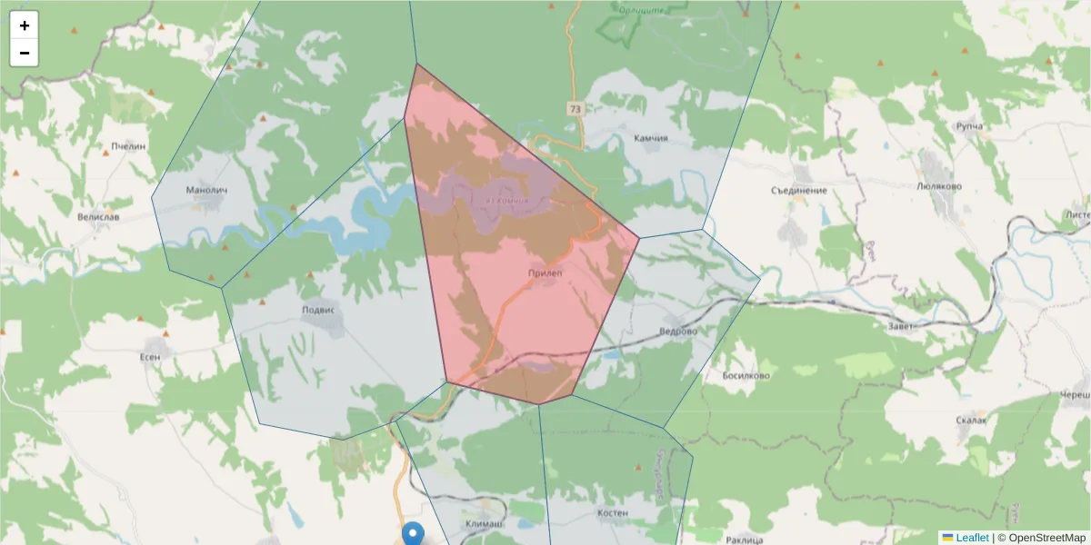 Карта на пощенски код  и съседните пощенски кодове в България