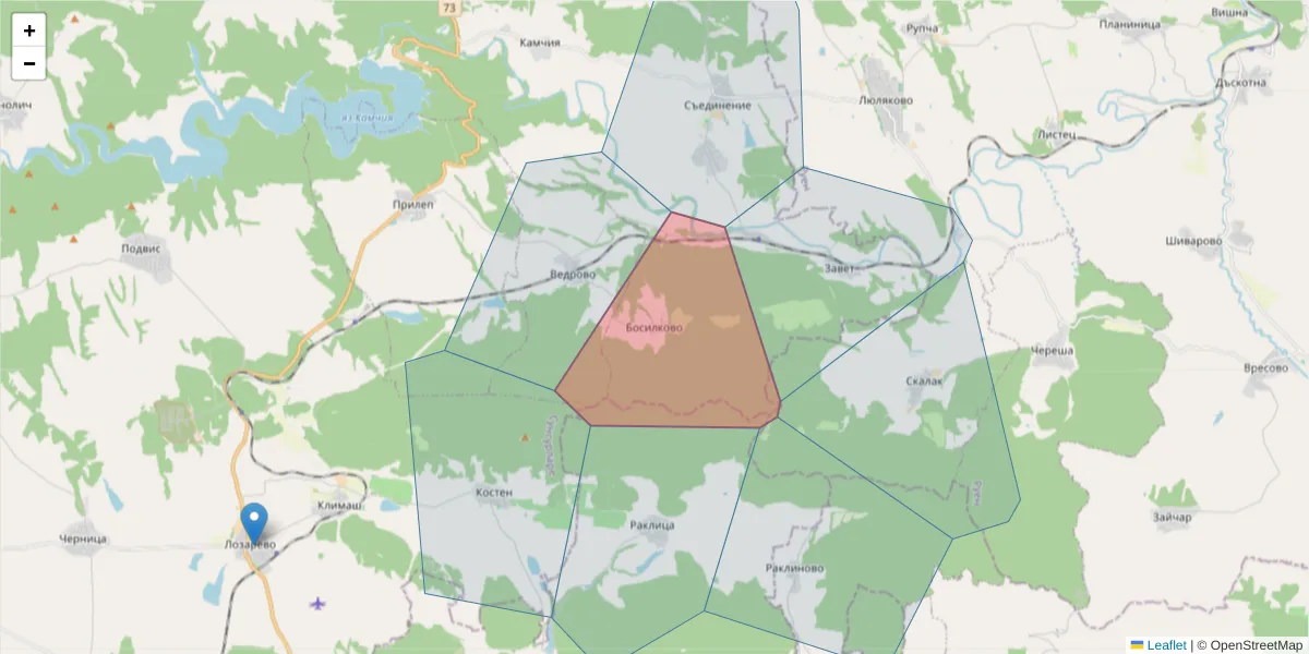 Карта на пощенски код  и съседните пощенски кодове в България