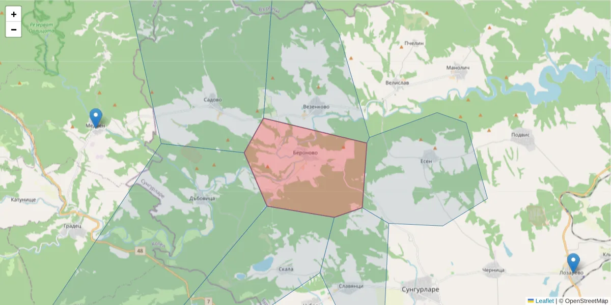 Карта на пощенски код  и съседните пощенски кодове в България