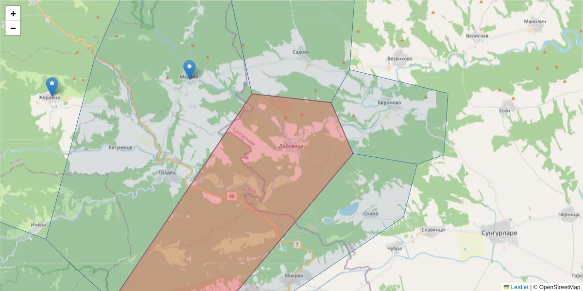 Карта на пощенски код  и съседните пощенски кодове в България