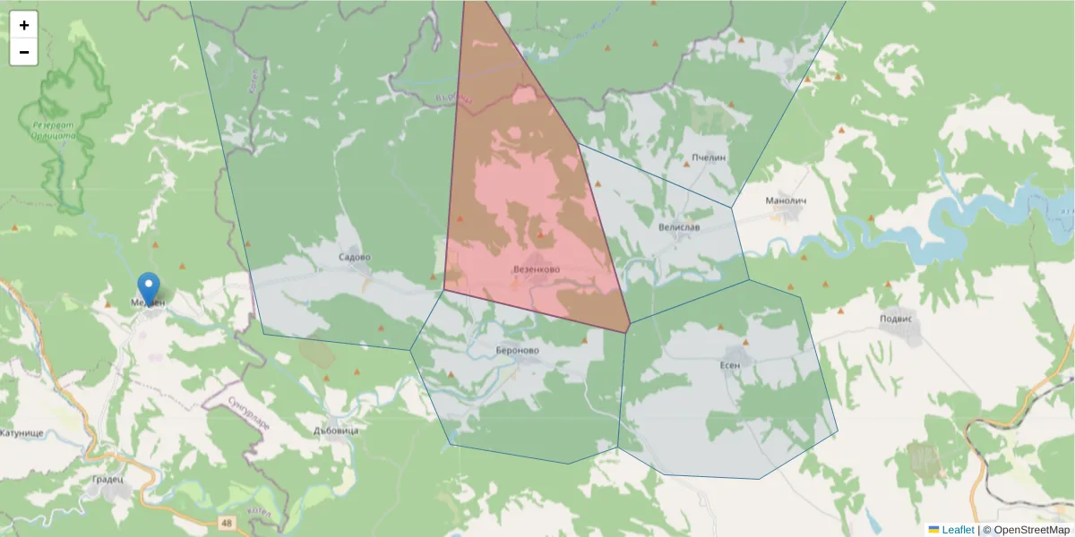 Карта на пощенски код  и съседните пощенски кодове в България