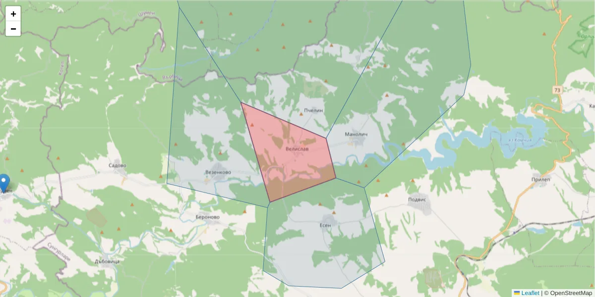 Карта на пощенски код  и съседните пощенски кодове в България