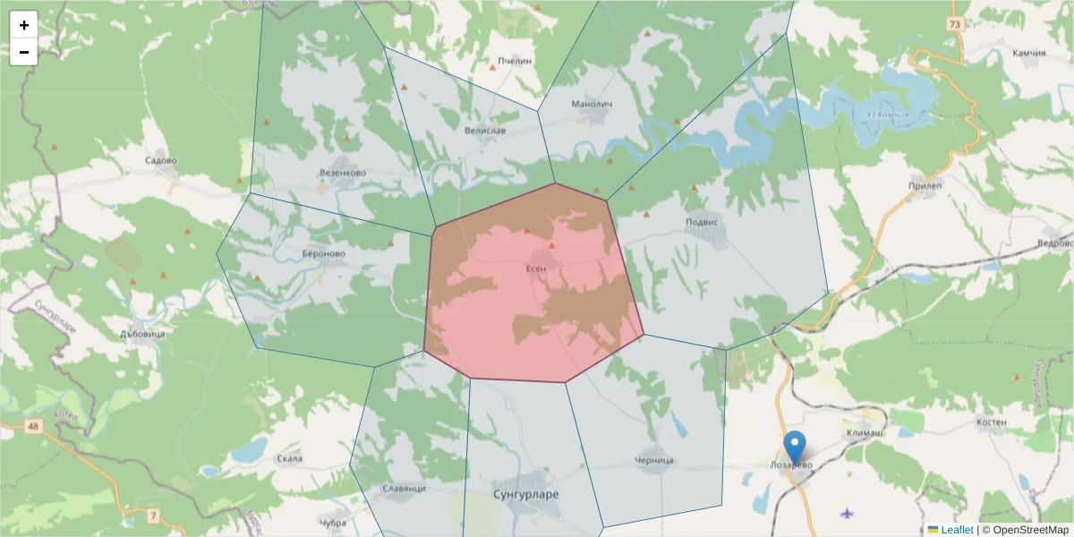 Карта на пощенски код  и съседните пощенски кодове в България