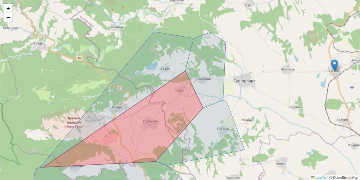 Карта на пощенски код  и съседните пощенски кодове в България