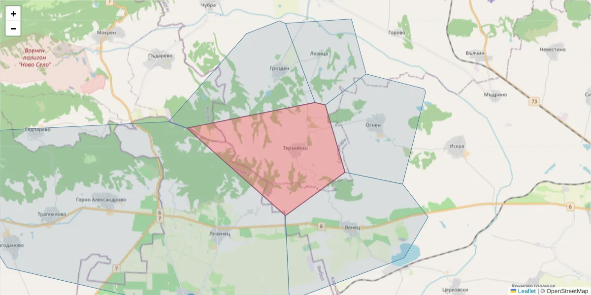 Карта на пощенски код  и съседните пощенски кодове в България