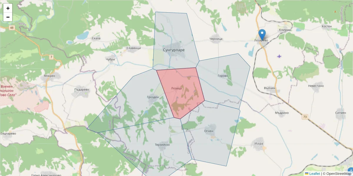 Карта на пощенски код  и съседните пощенски кодове в България