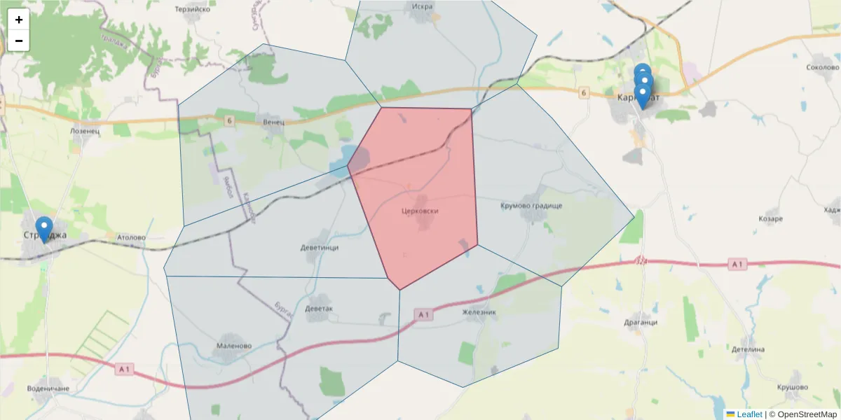 Карта на пощенски код  и съседните пощенски кодове в България