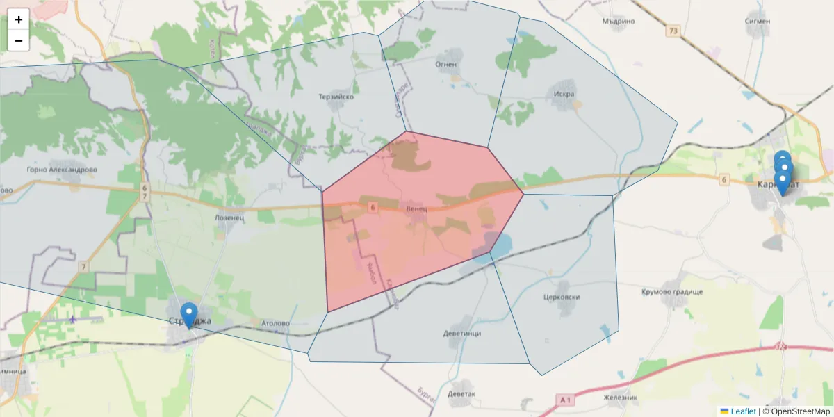 Карта на пощенски код  и съседните пощенски кодове в България