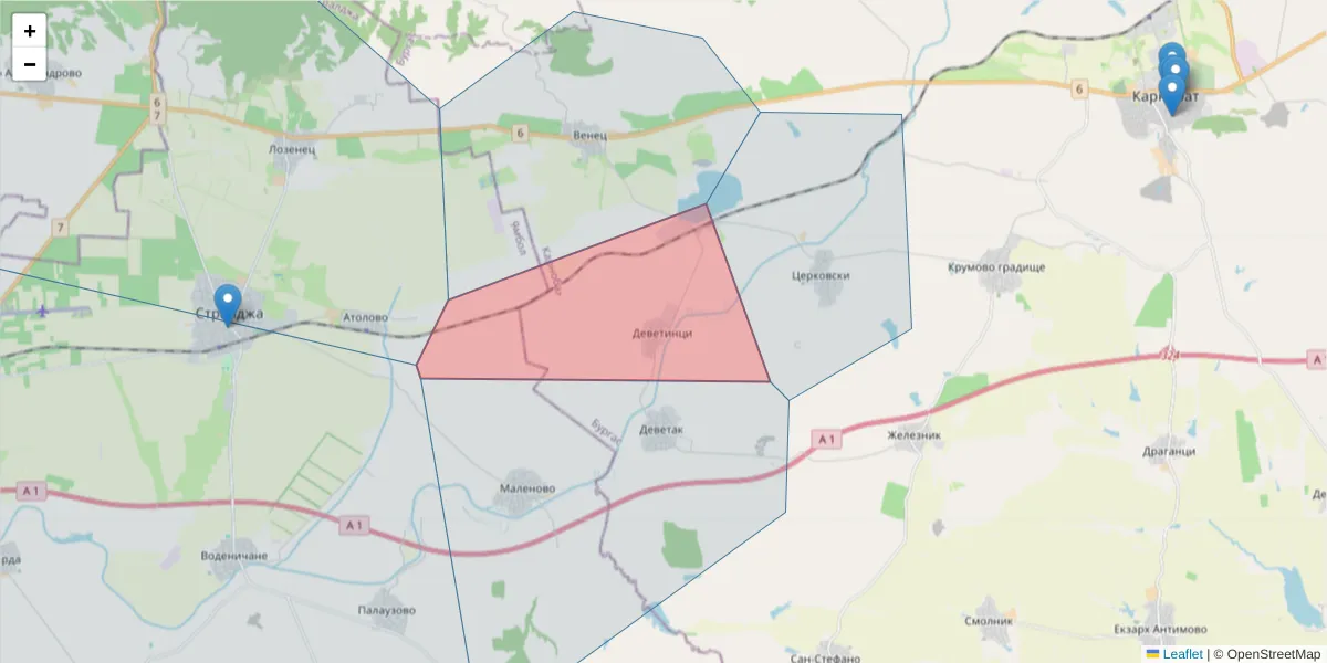 Карта на пощенски код  и съседните пощенски кодове в България